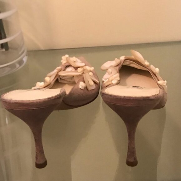 PRADA Vintage Suede Kitten Heel Mules Slides Shoes Pearl Shell Rose Blush Heels - Picture 3 of 8